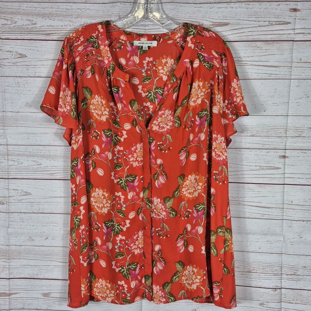Rose + Olive Dark Orange Floral Tunic Top Size 1X Blouse Boho Festival Fairy
